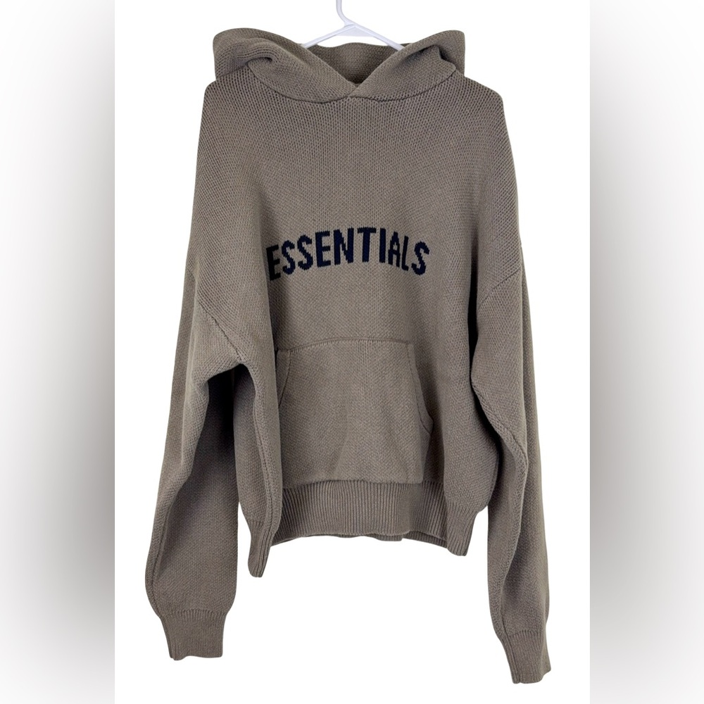FEAR OF GOD ESSENTIALS KNITTED HOODIE IN HEATHER OATMEAL